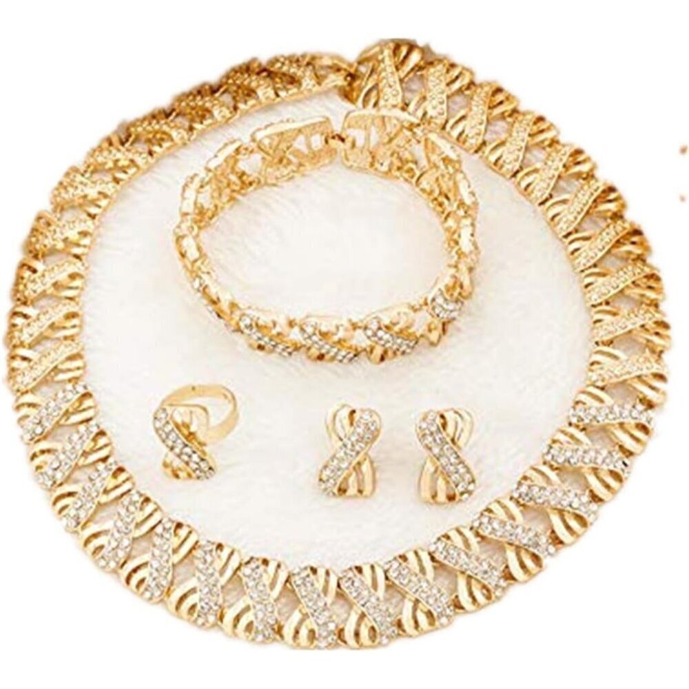 Crystal Jewelry Set Gold Plated Necklace Earrings Ring Bracelet Wedding Fashion